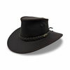A black oiled bovine leather hat with a braided band, featuring eyelets and a flat brim.
