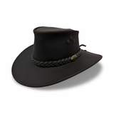 A black oiled bovine leather hat with a braided band, featuring eyelets and a flat brim.