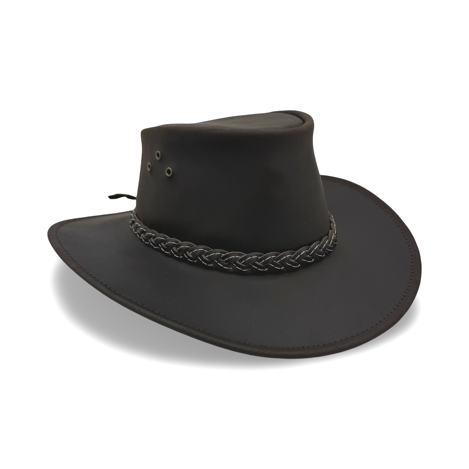 An outdoor-style leather hat, commonly known as an Australian bush hat or outback hat