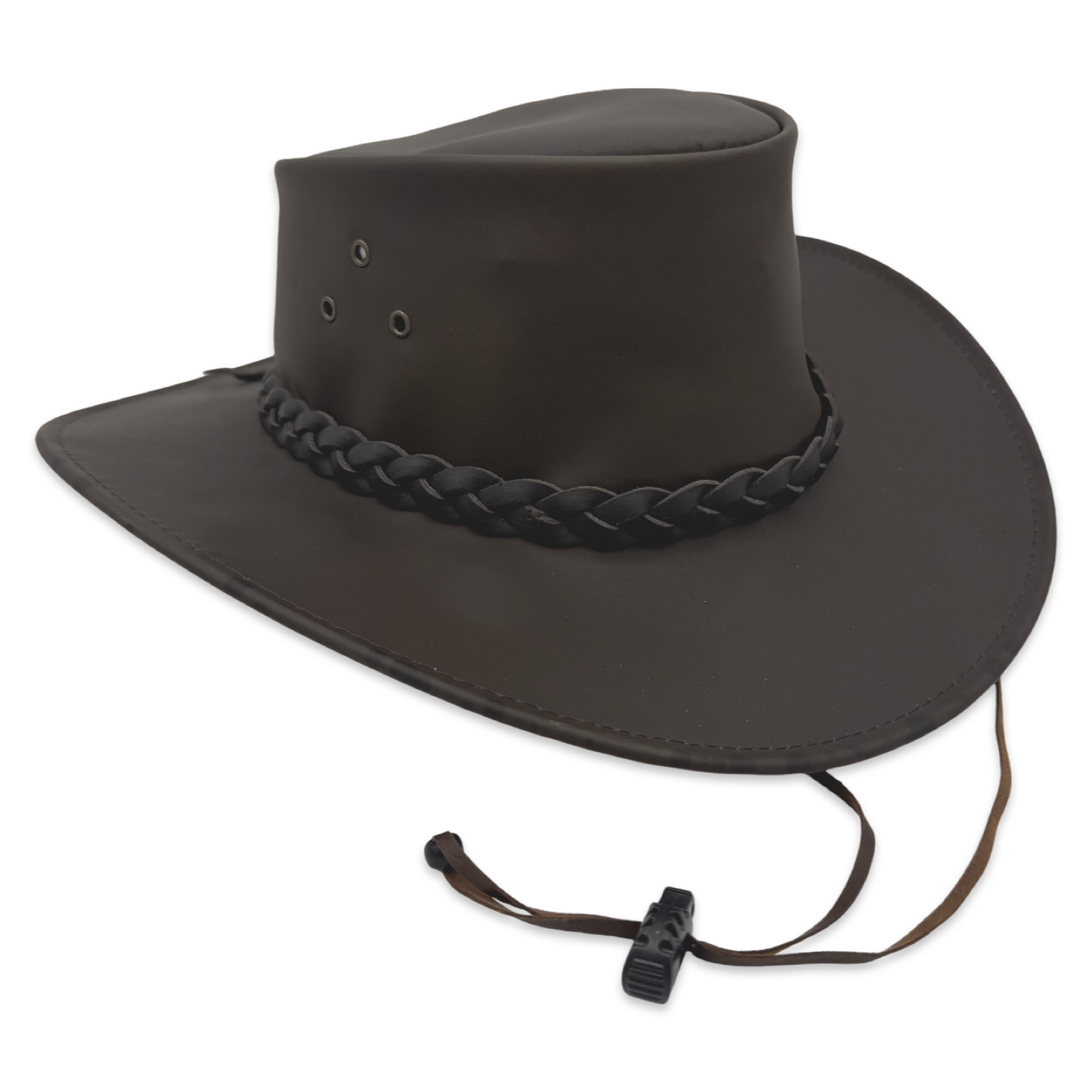 A wide-brimmed, outback-style hat in a matte dark brown finish
