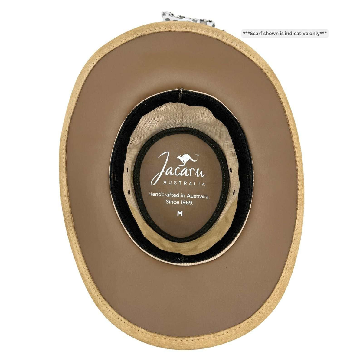 Brown hat with 'Jacaru Australia' branding on a white background