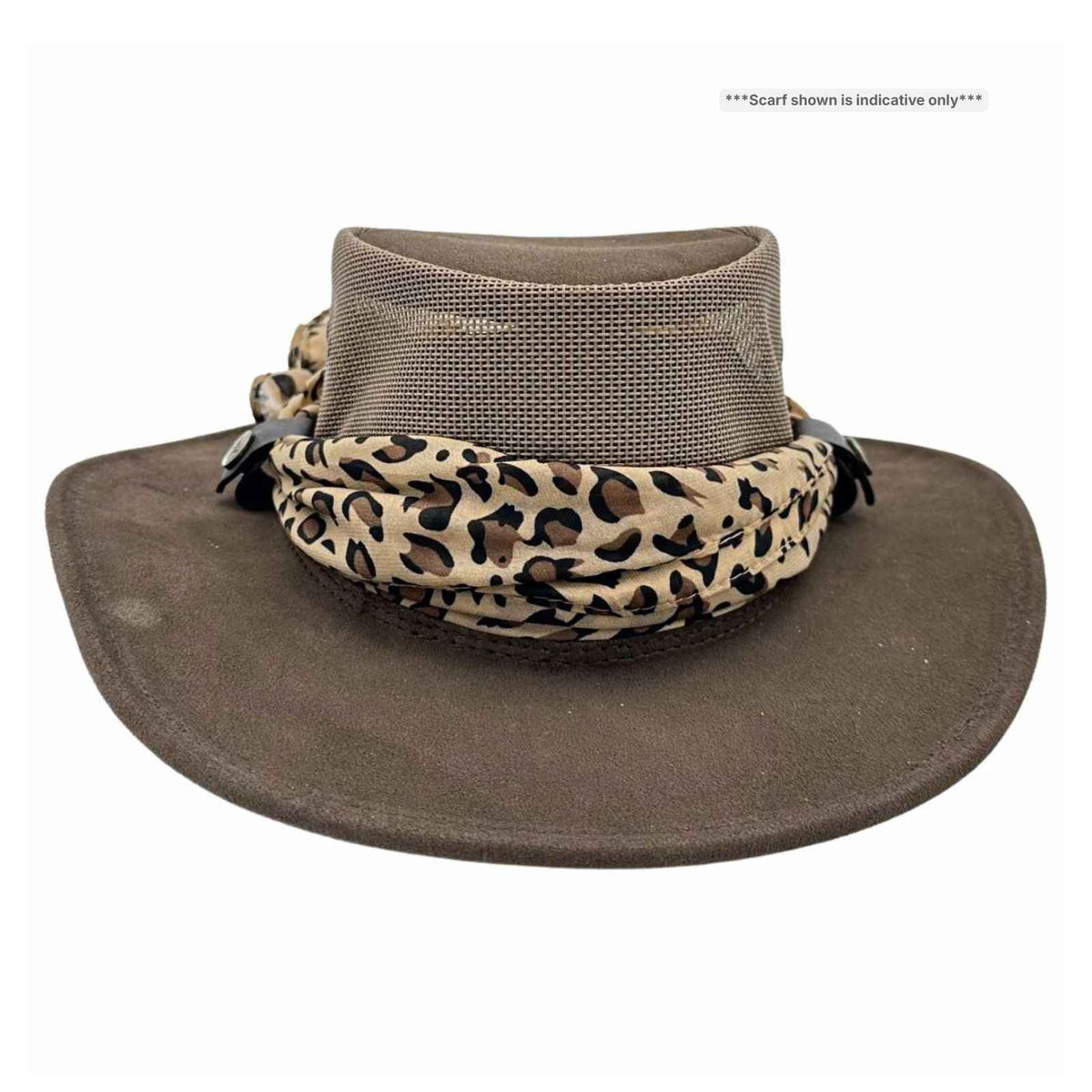 Brown wide-brimmed hat with a leopard print scarf on a white background