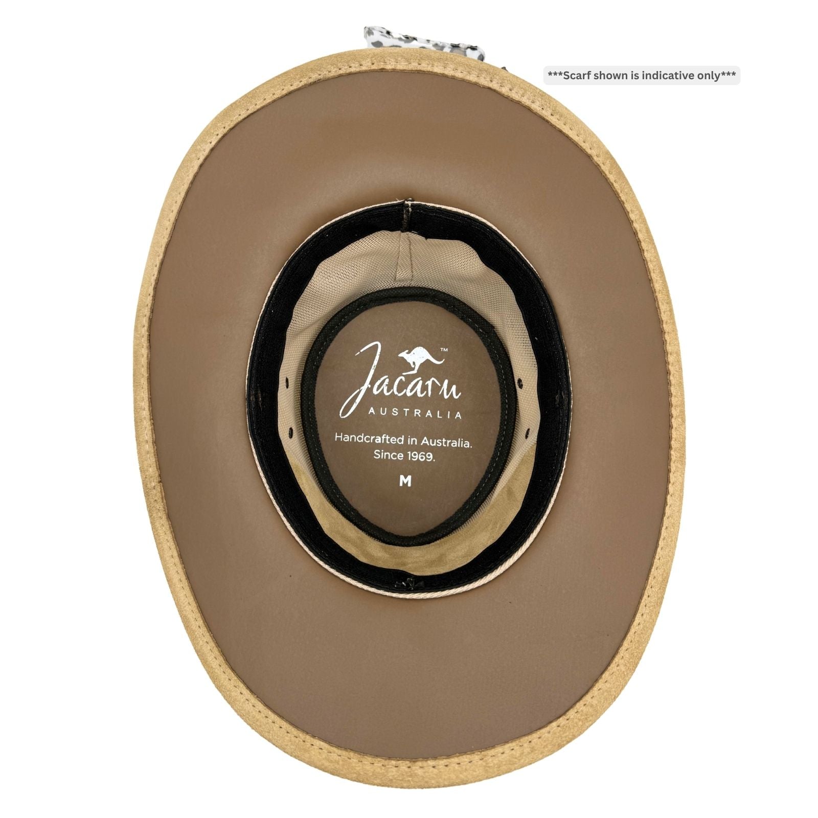 Brown hat with 'Jacaru Australia' branding on a white background