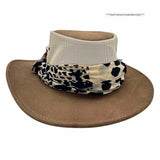 Brown wide-brimmed hat with a patterned scarf on a white background