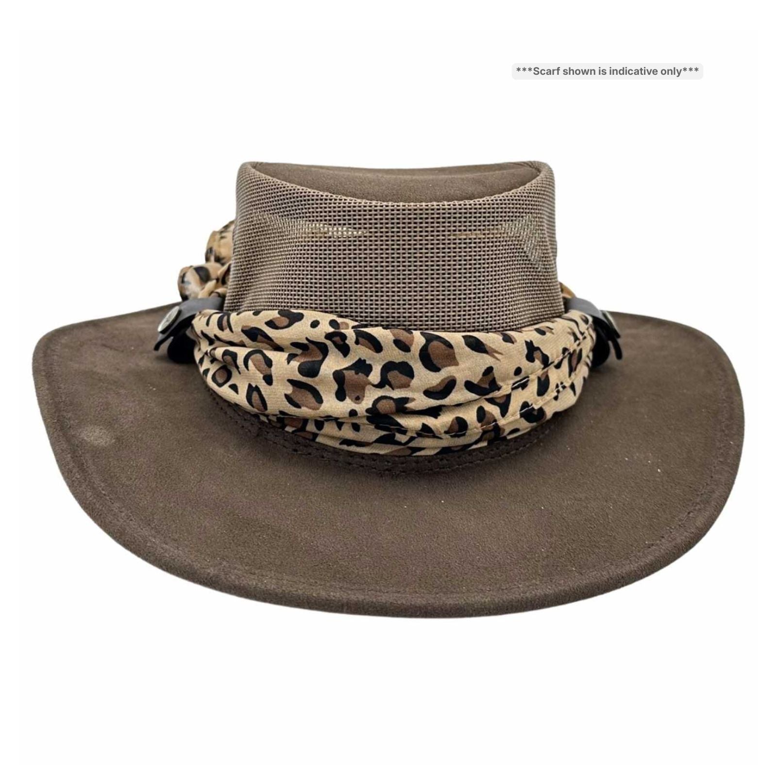 Brown wide-brimmed hat with a leopard print scarf on a white background