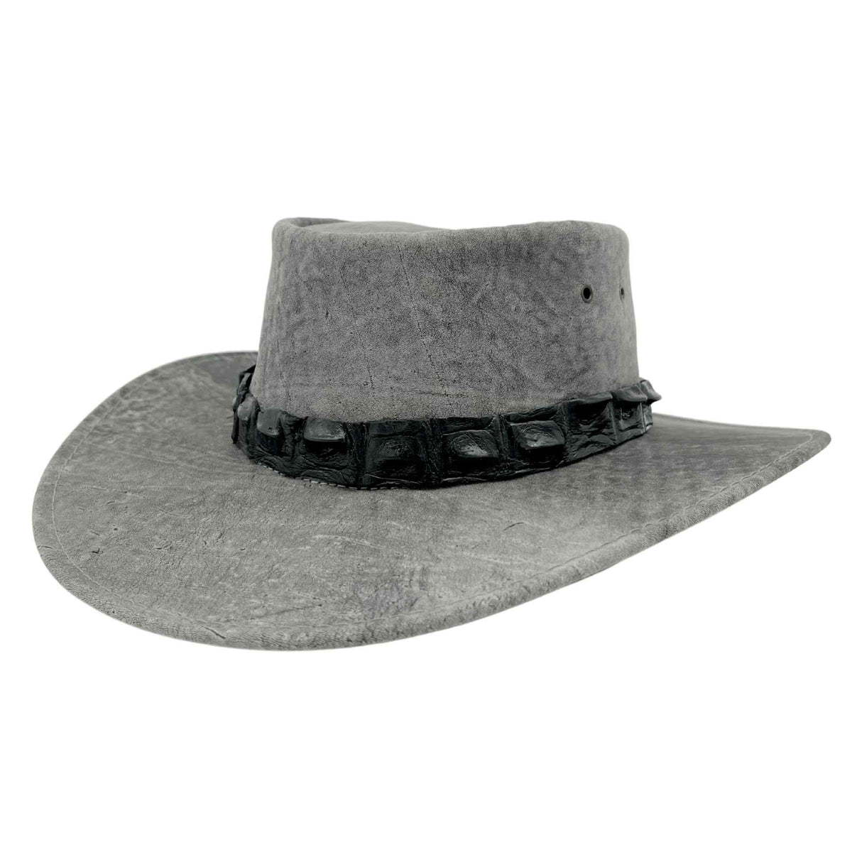 Stonewash Grey Jacaru 1134 Wild Roo Croc Digger Hat with decorative band on a white background