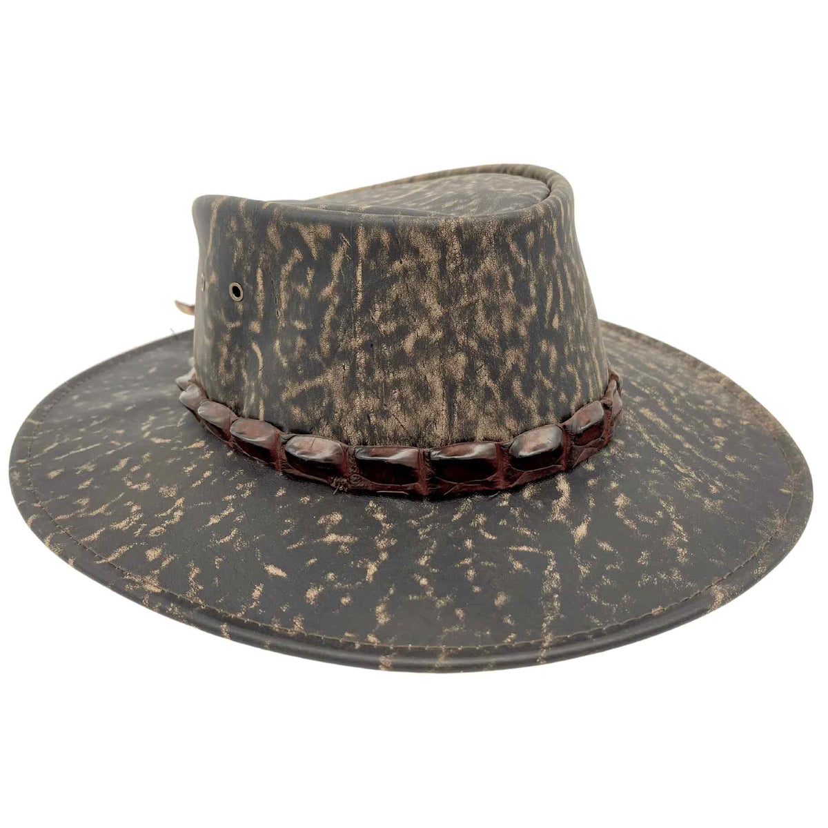 Stonewash Brown Jacaru 1134 Wild Roo Croc Digger Hat with decorative band on a white background