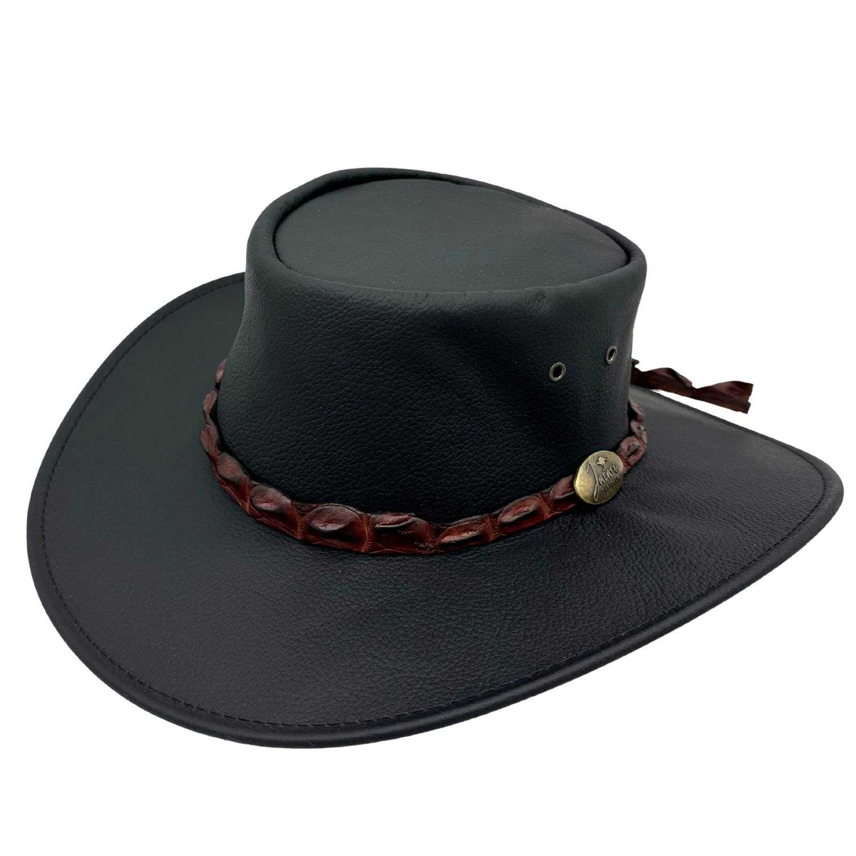 A black Jacaru 1134 Wild Roo Croc Digger Hat with a crocodile leather hatband and a pinhead crown.