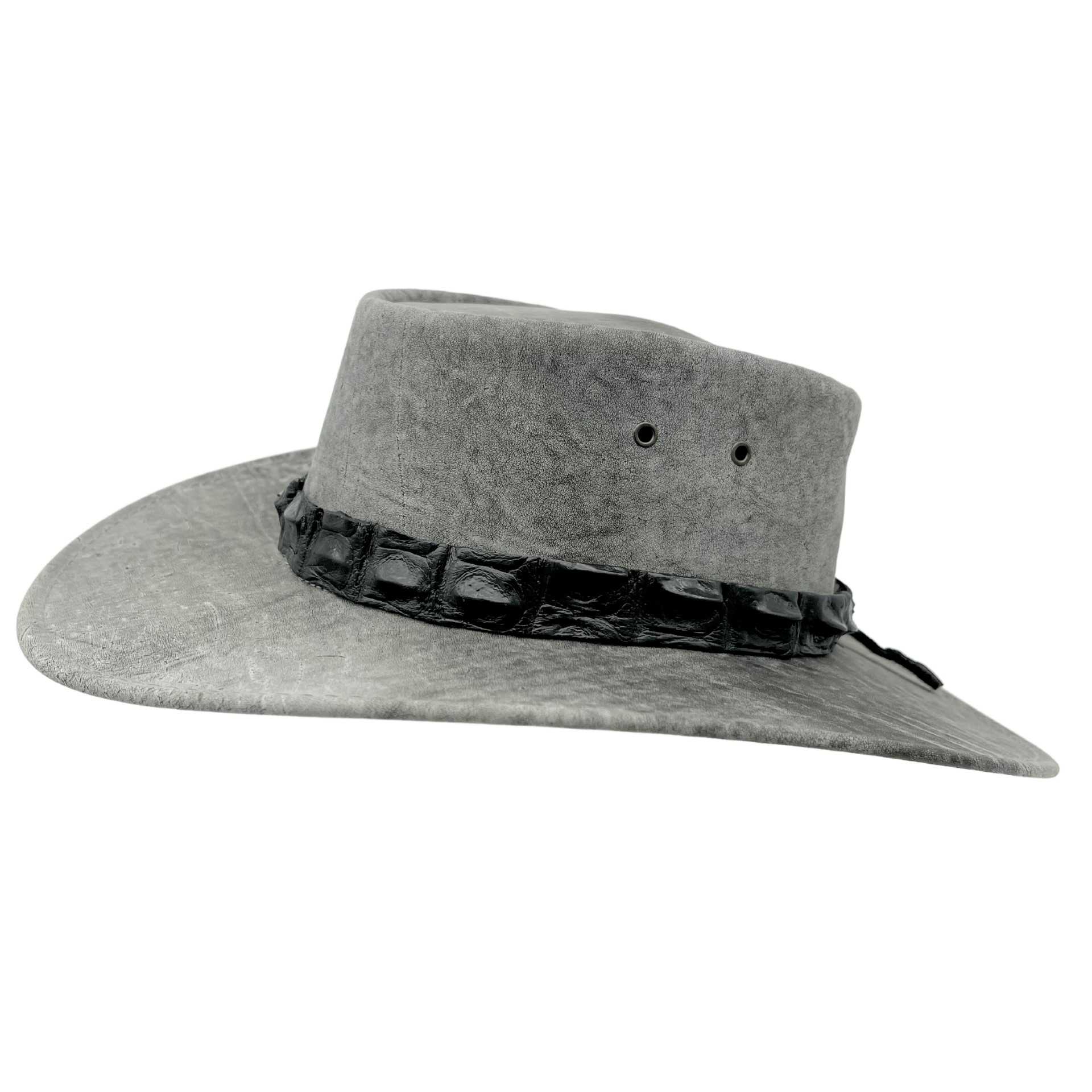 Stonewash Grey Jacaru 1134 Wild Roo Croc Digger Hat with a decorative band on a white background