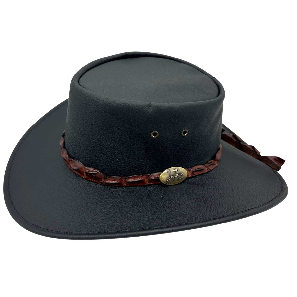 Black Jacaru 1134 Wild Roo Croc Digger Hat with decorative band on a white background