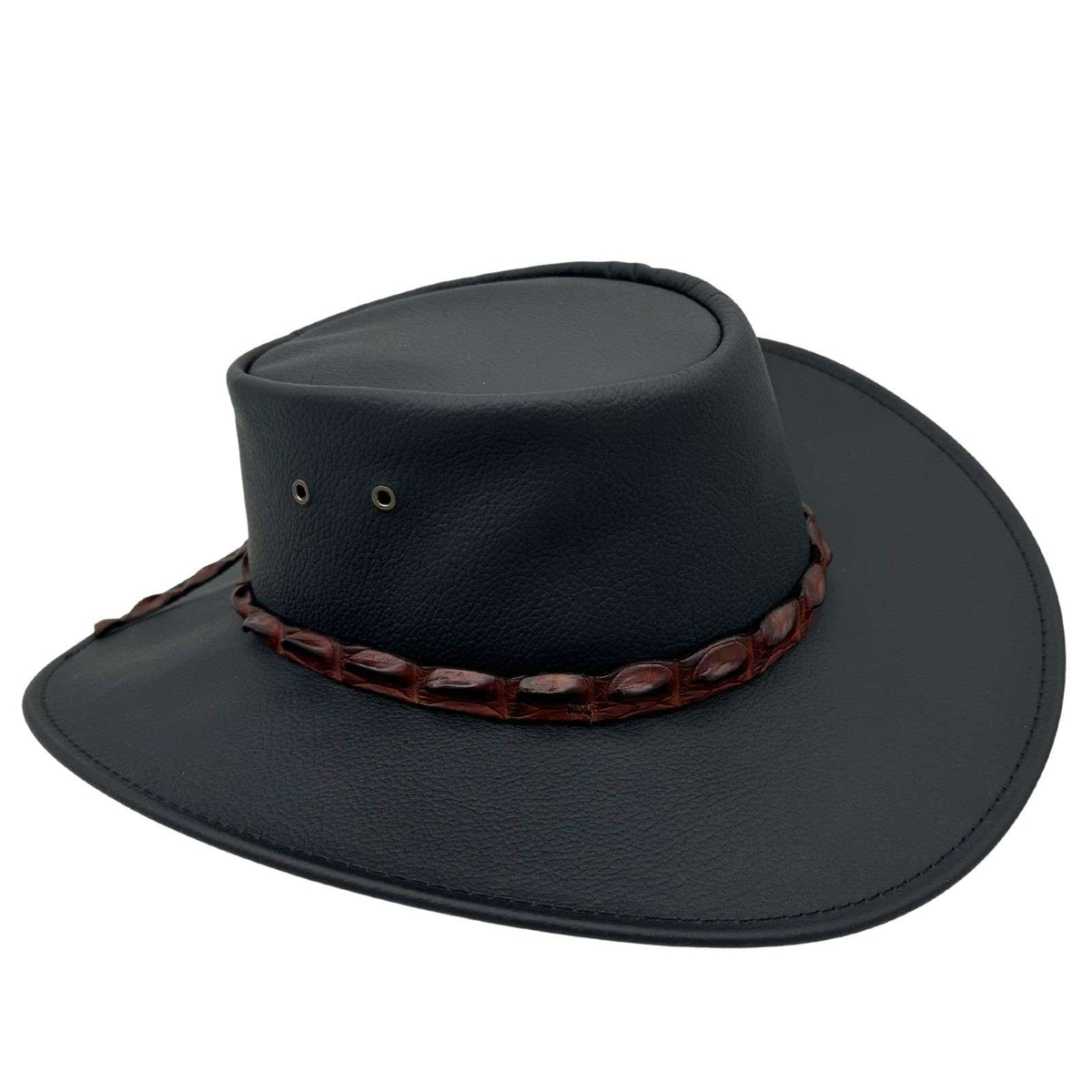 Black Jacaru 1134 Wild Roo Croc Digger Hat with decorative band on a white background