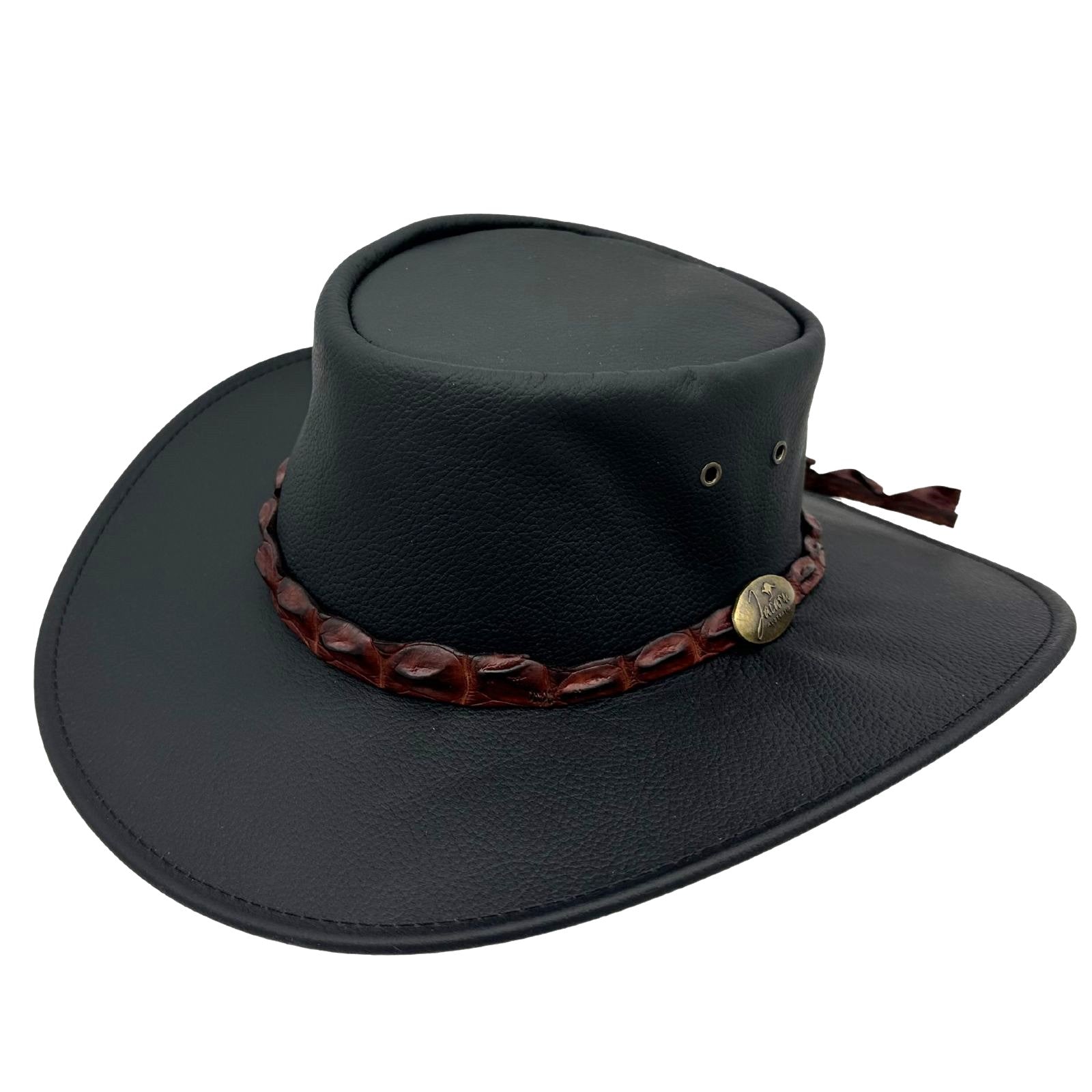 A black Jacaru 1134 Wild Roo Croc Digger Hat with a crocodile leather hatband and a pinhead crown.