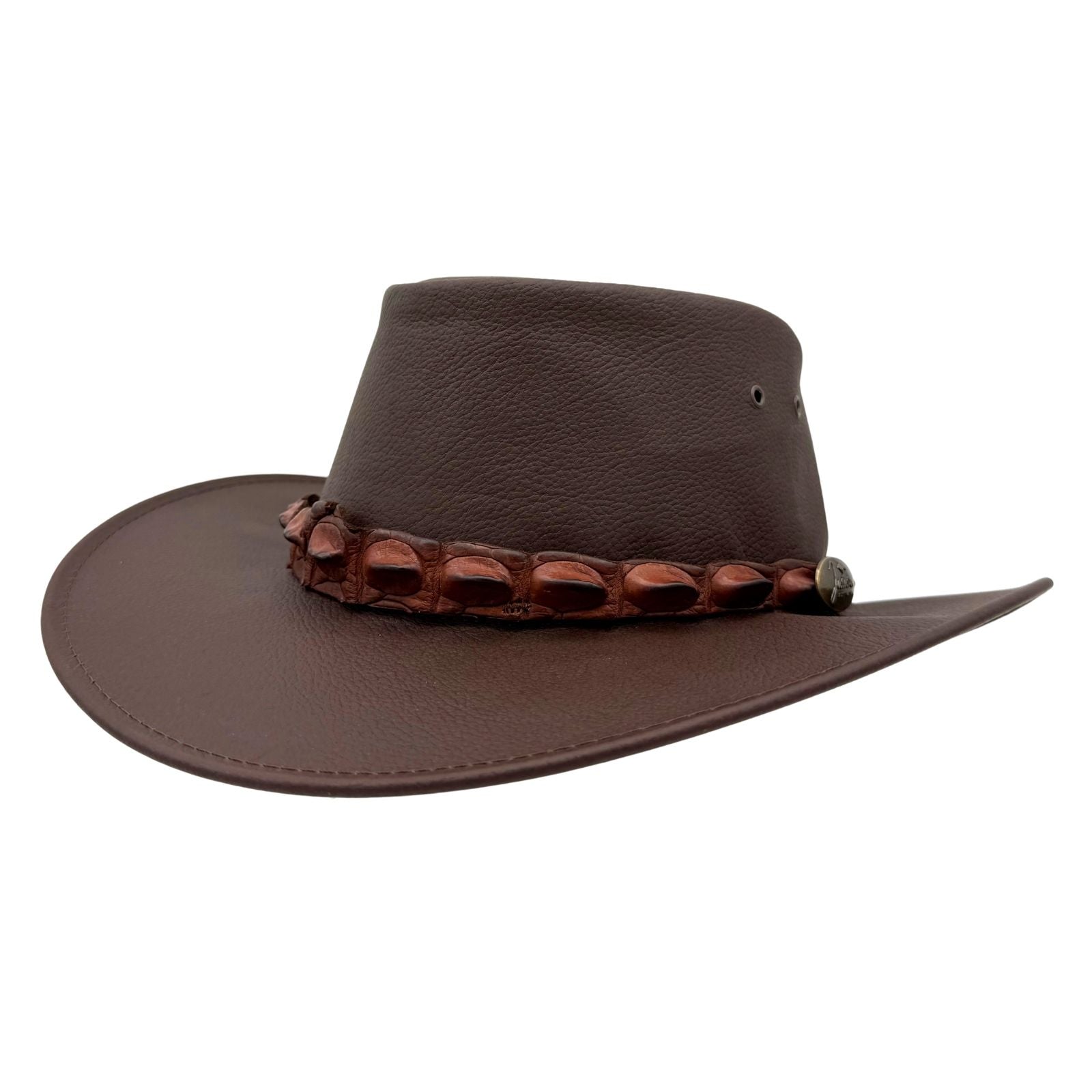 Brown Jacaru 1134 Wild Roo Croc Digger Hat with decorative band on a white background