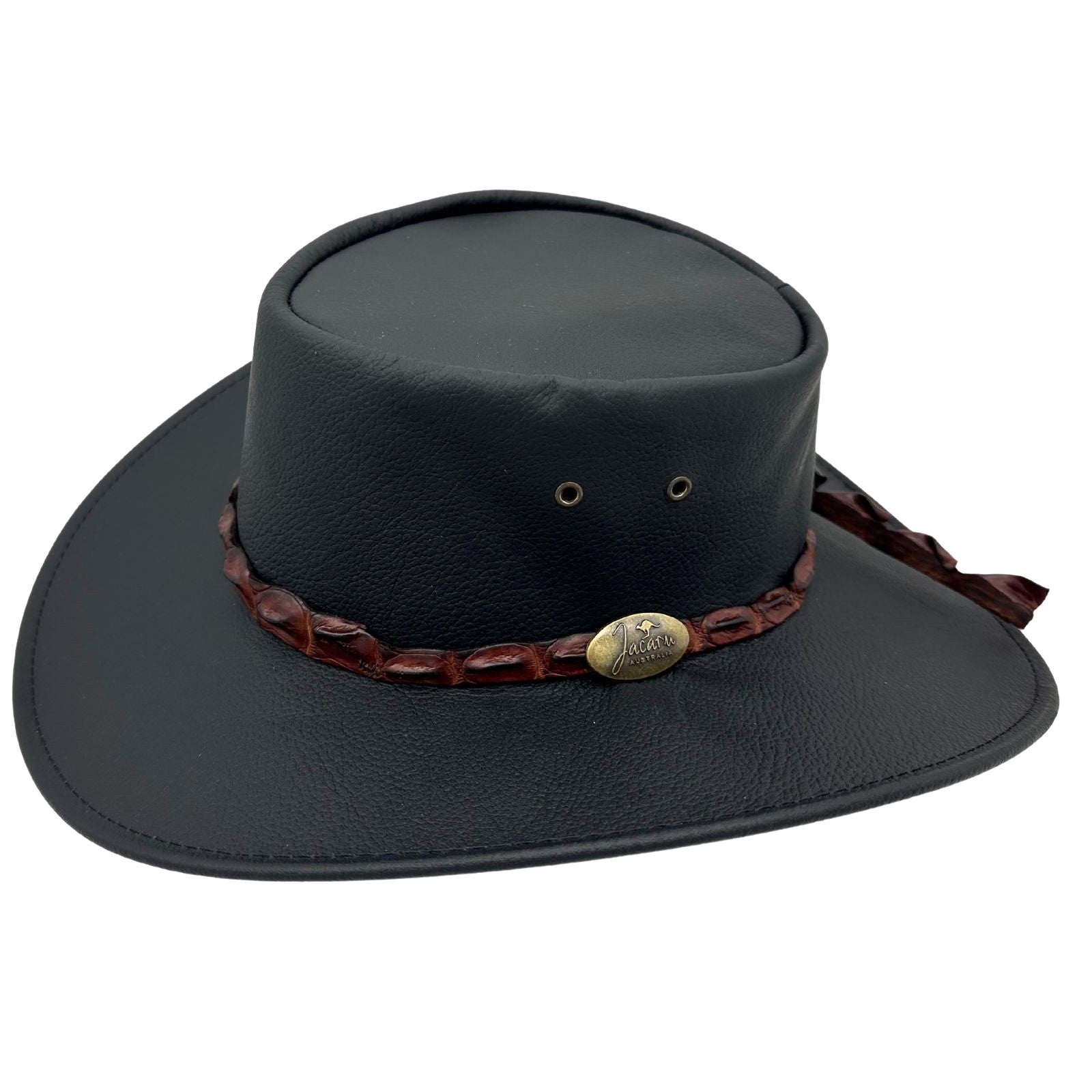 Black Jacaru 1134 Wild Roo Croc Digger Hat with decorative band on a white background