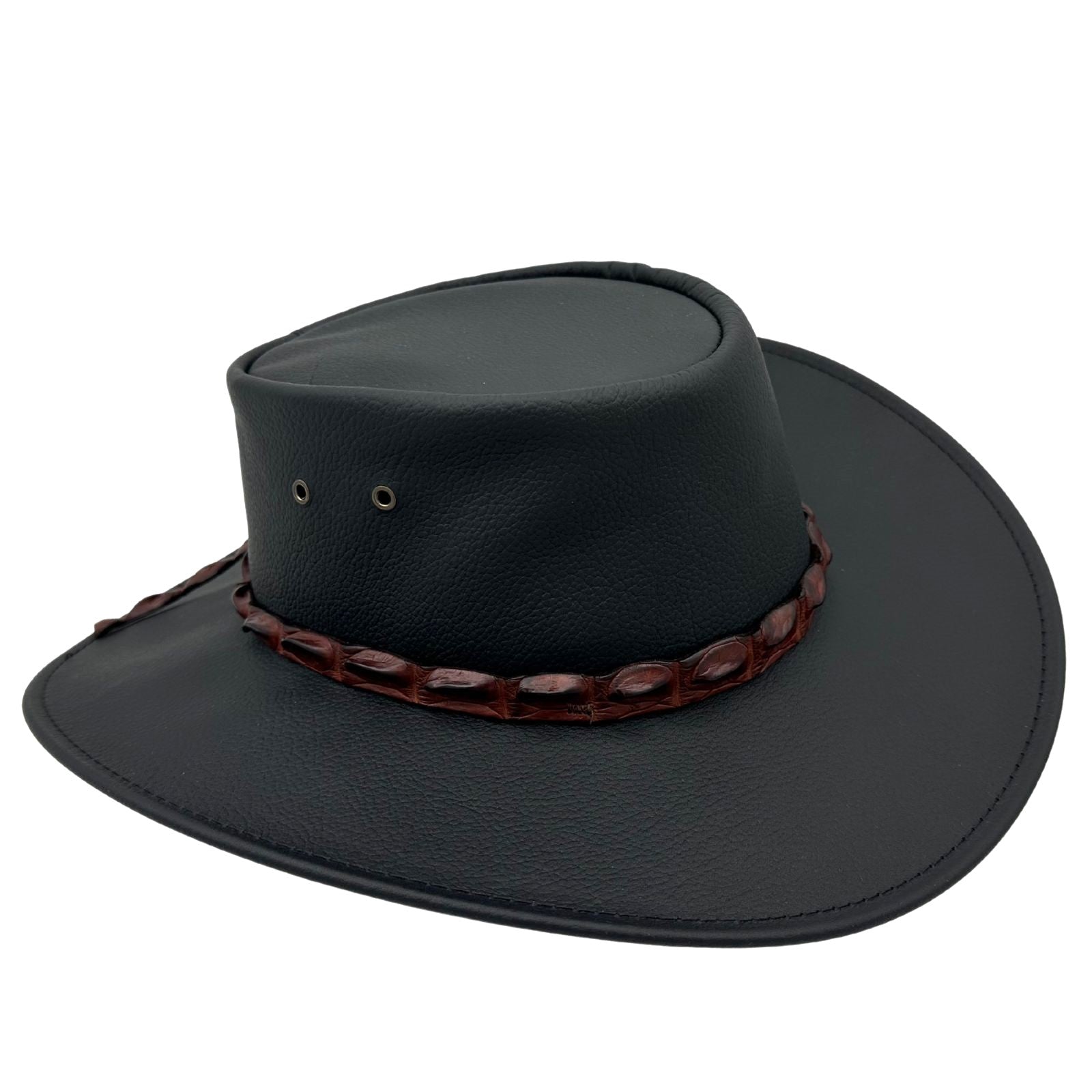 Black Jacaru 1134 Wild Roo Croc Digger Hat with decorative band on a white background