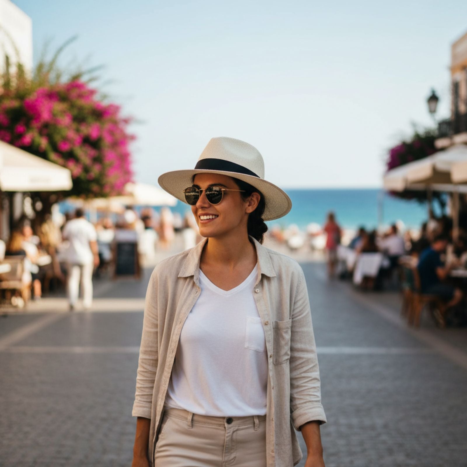 Woman Wearing Beige Jacaru Original Panama Classic Hat