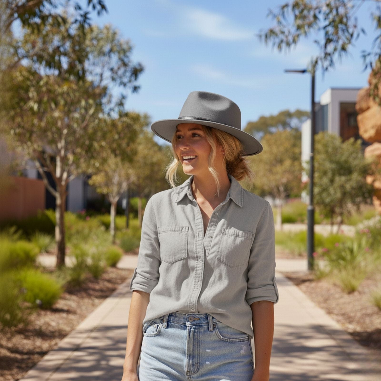 Woman Wearing Dark Grey Jacaru 1848 Trilby