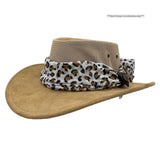 Brown wide-brimmed hat with a leopard print scarf on a white background