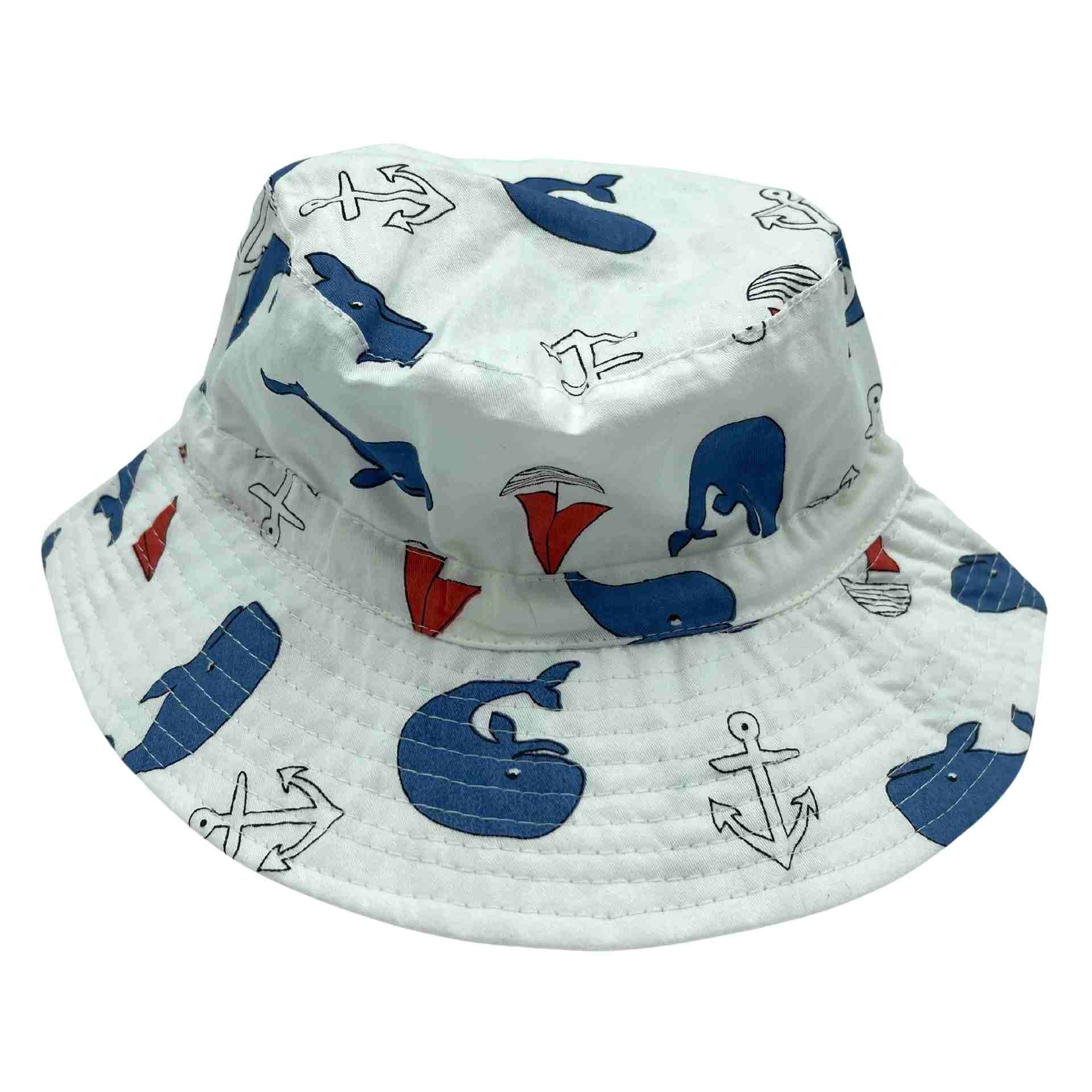 Jacaru 1895 white bucket hat with blue whale, anchor, and red sailboat print featuring stitched brim.