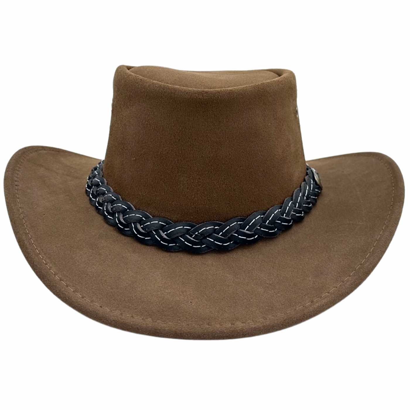 Rear view of brown suede outback hat with braided band.