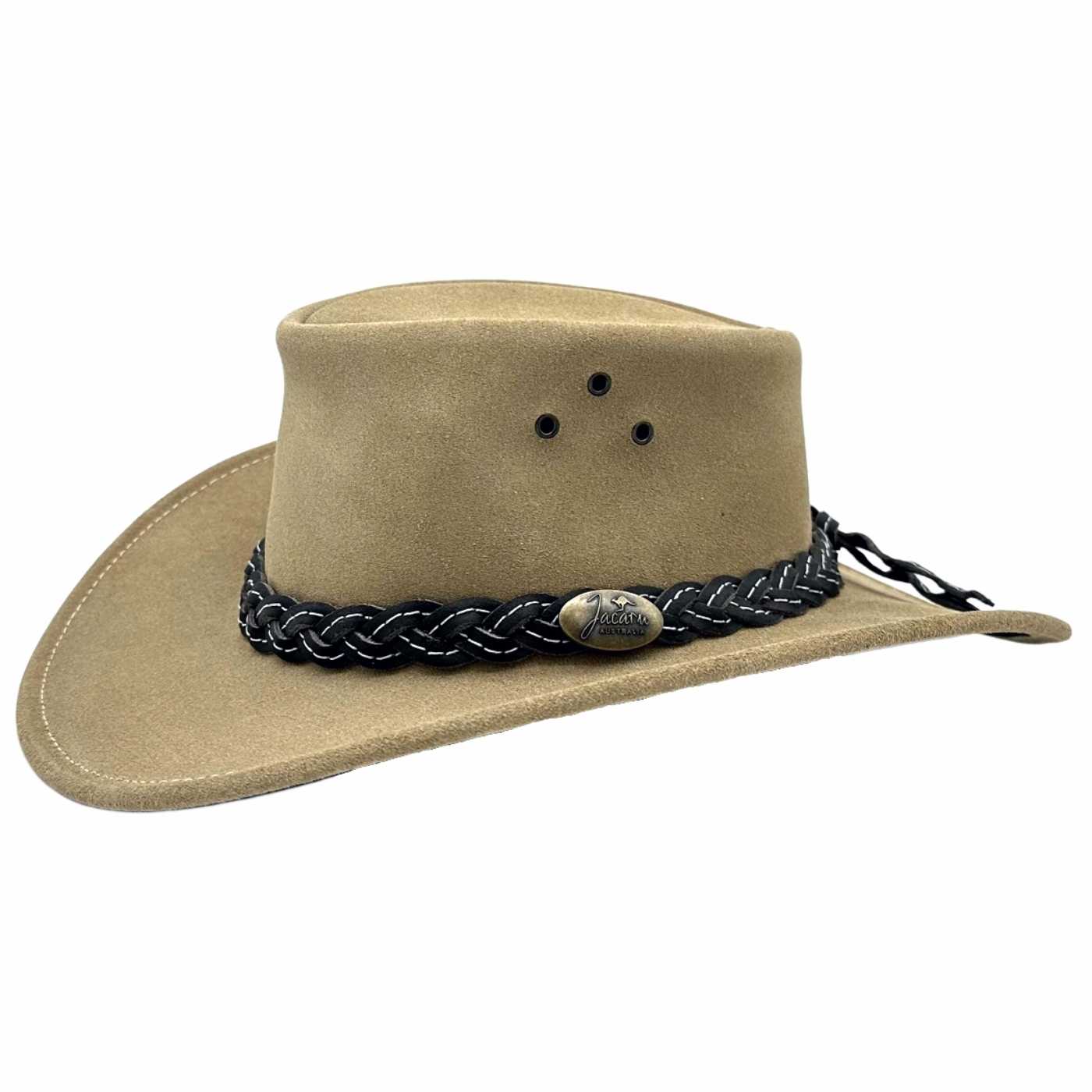 Light tan suede bush hat with black braided hatband.