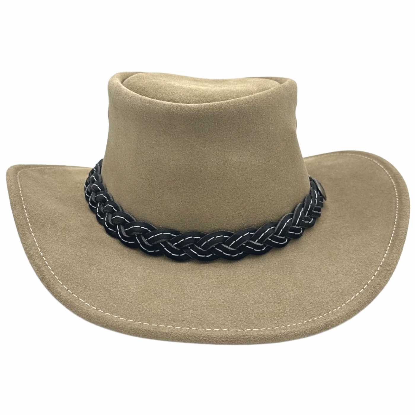 rearview of Light tan suede bush hat with black braided hatband.