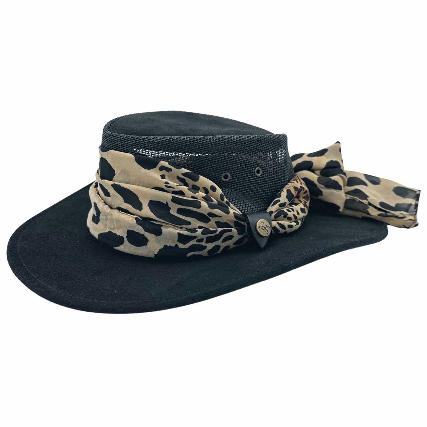 A beige Jacaru 1022 Shady Lady hat made of brushed cow suede leather, featuring a mesh crown and a chiffon scarf around the base.