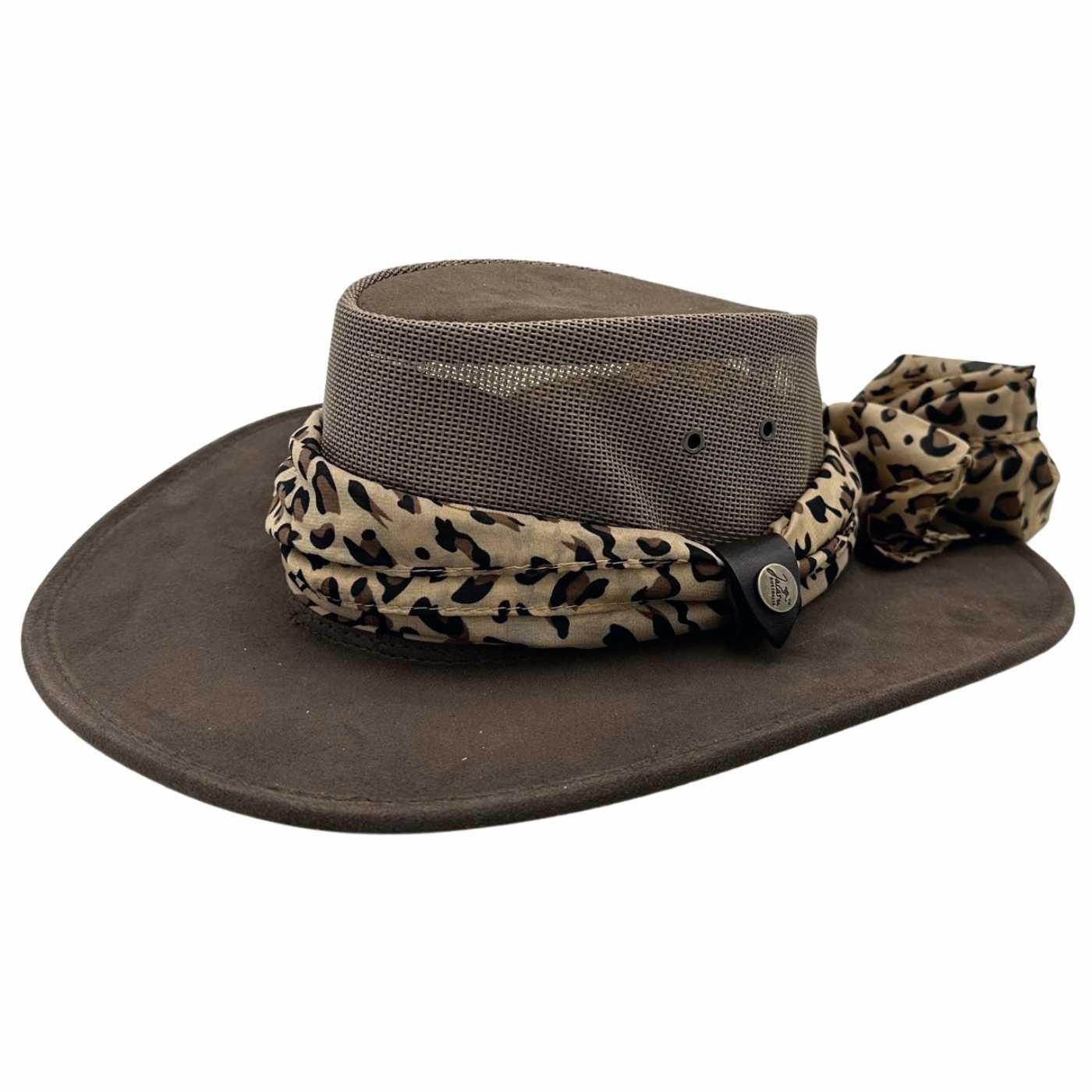 A beige Jacaru 1022 Shady Lady hat made of brushed cow suede leather, featuring a mesh crown and a chiffon scarf around the base.