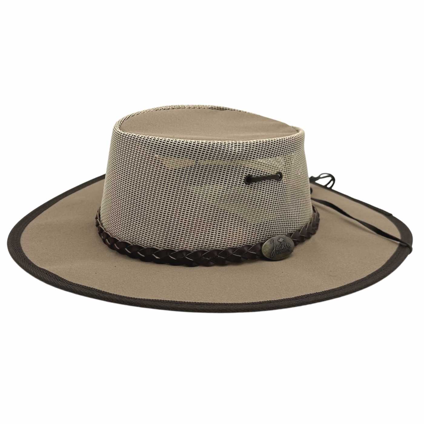 A beige and brown Jacaru 104 Bushbreeze Camper hat with a mesh crown and chinstrap.