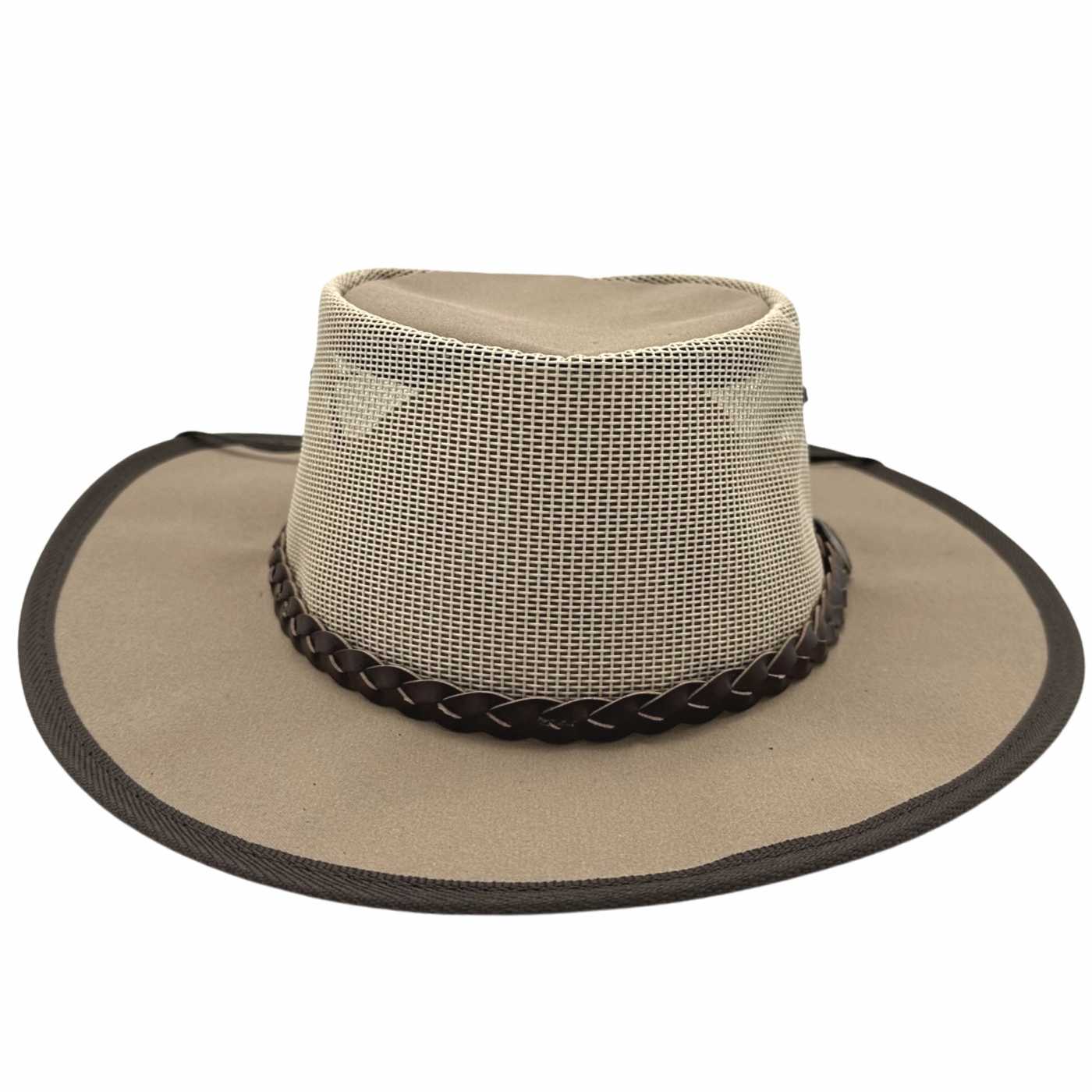 A beige and brown Jacaru 104 Bushbreeze Camper hat with a mesh crown and chinstrap.