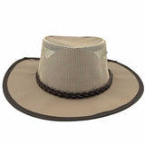 A beige and brown Jacaru 104 Bushbreeze Camper hat with a mesh crown and chinstrap.