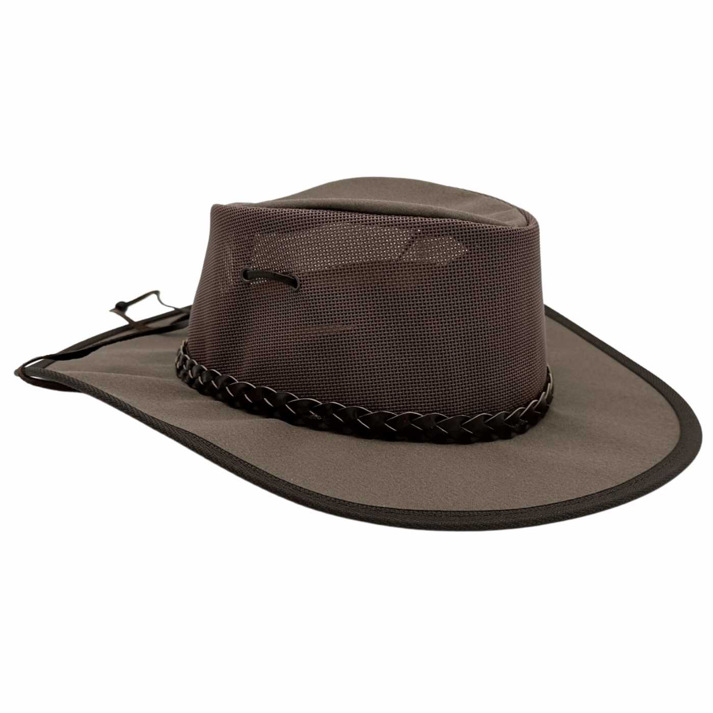 A brown Jacaru 104 Bushbreeze Camper hat with a mesh crown and chinstrap.