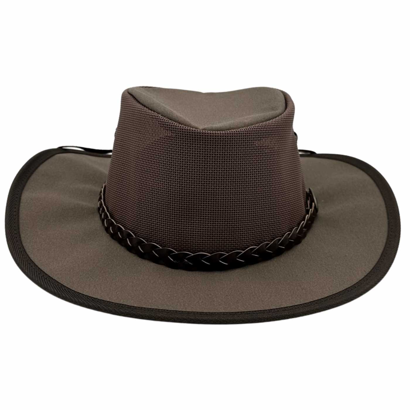 A brown Jacaru 104 Bushbreeze Camper hat with a mesh crown and chinstrap.
