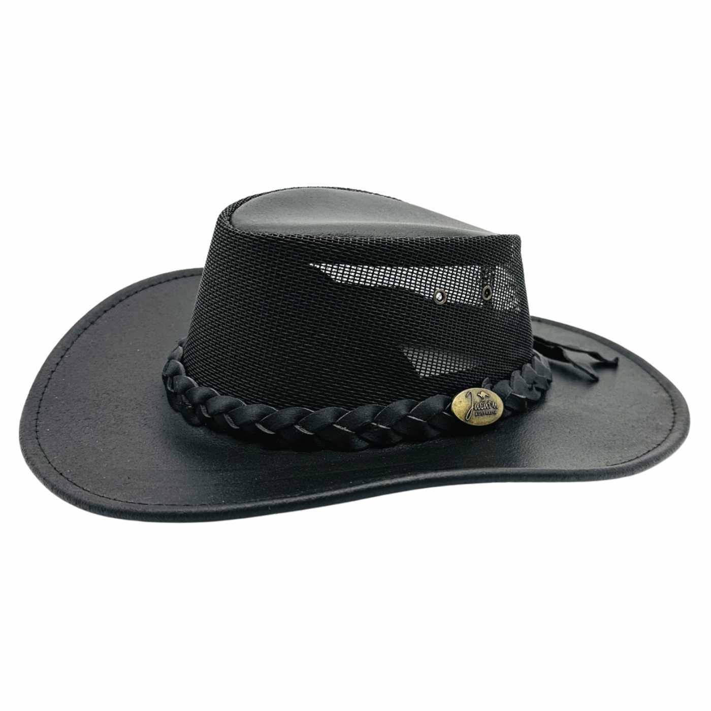 A black leather braided hat with mesh on top and metal logo