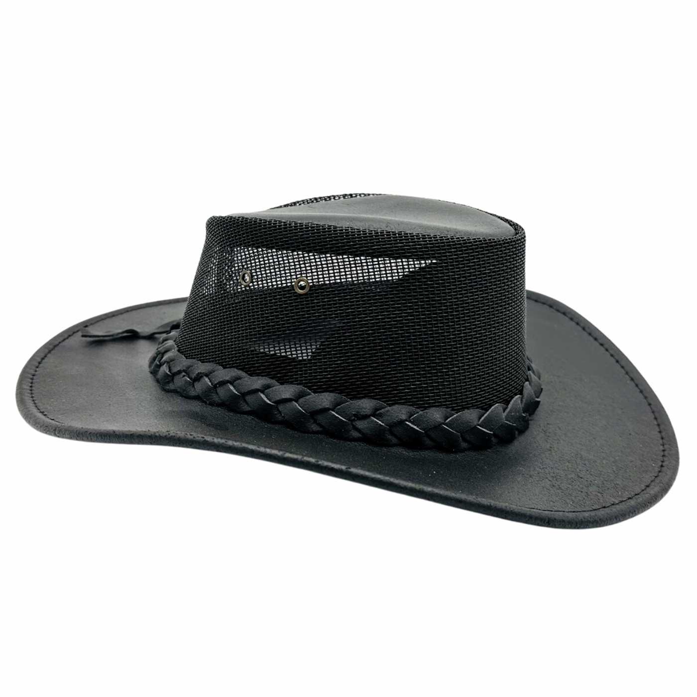 A black leather braided hat with mesh on top and metal logo
