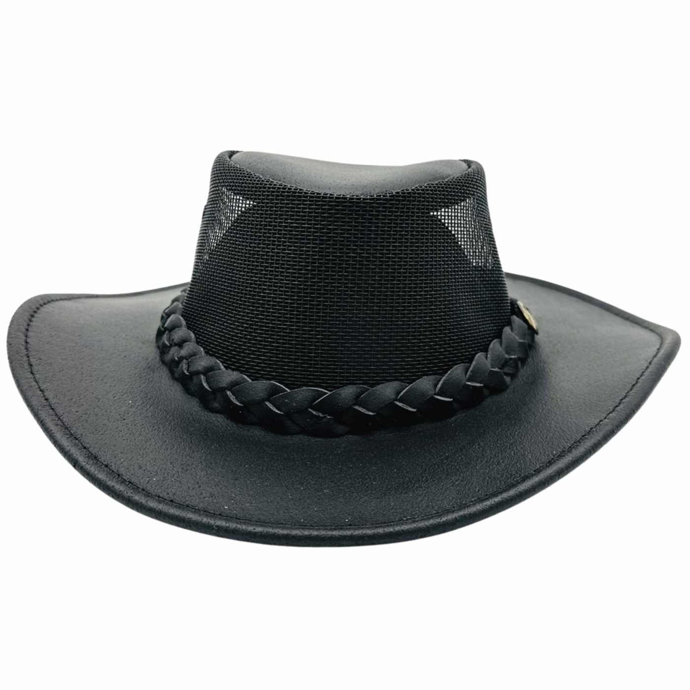 A black leather braided hat with mesh on top and metal logo