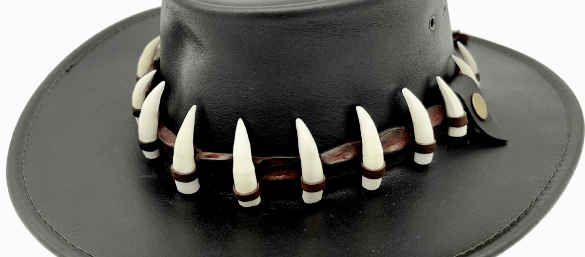 Jacaru 6571 crocodile leather hatband with 15 artificial crocodile teeth on black leather hat.