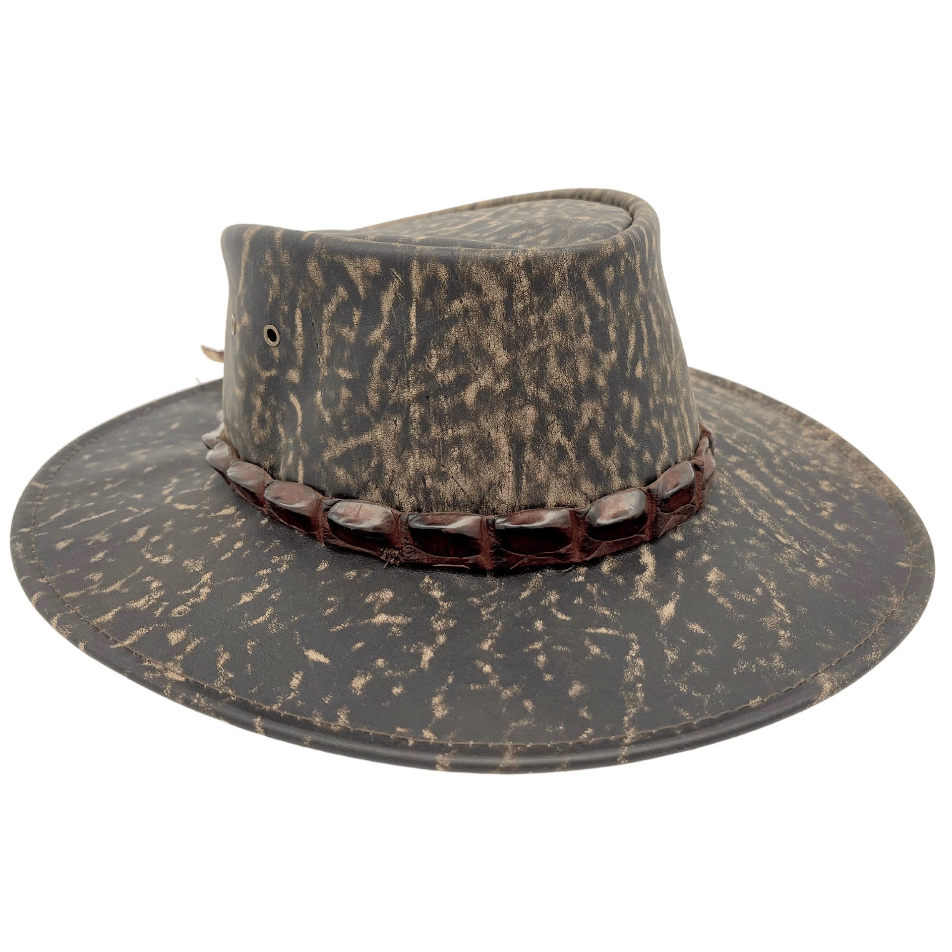 Stonewash Brown Jacaru 1134 Wild Roo Croc Digger Hat with decorative band on a white background