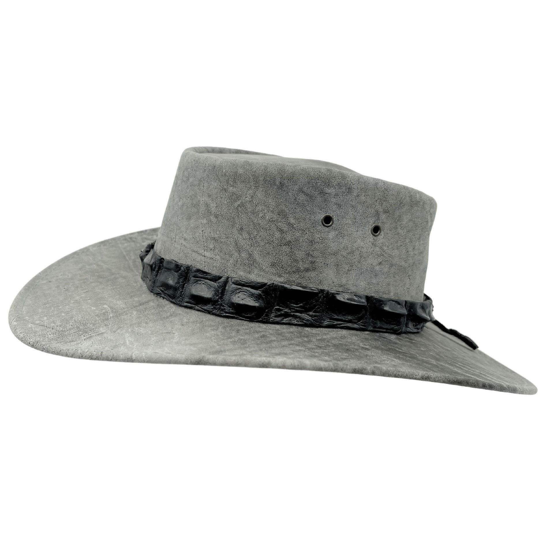 Stonewash Grey Jacaru 1134 Wild Roo Croc Digger Hat with a decorative band on a white background