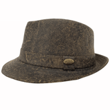 A Stonewash Brown kangaroo leather trilby hat with a soft texture and a branded button on the front.