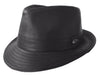 A Black kangaroo leather trilby hat with a soft texture and a branded button on the front.