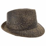A Stonewash Brown kangaroo leather trilby hat with a soft texture and a branded button on the front.