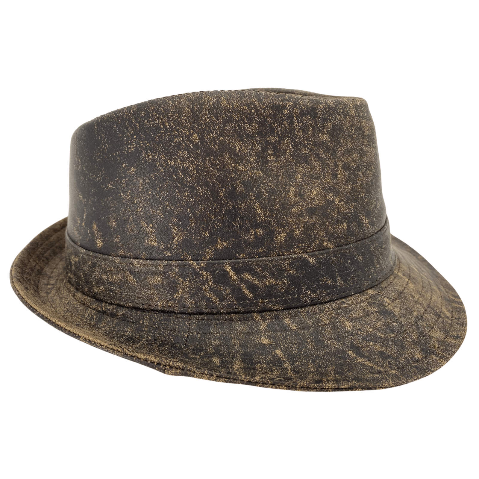 A Stonewash Brown kangaroo leather trilby hat with a soft texture and a branded button on the front.