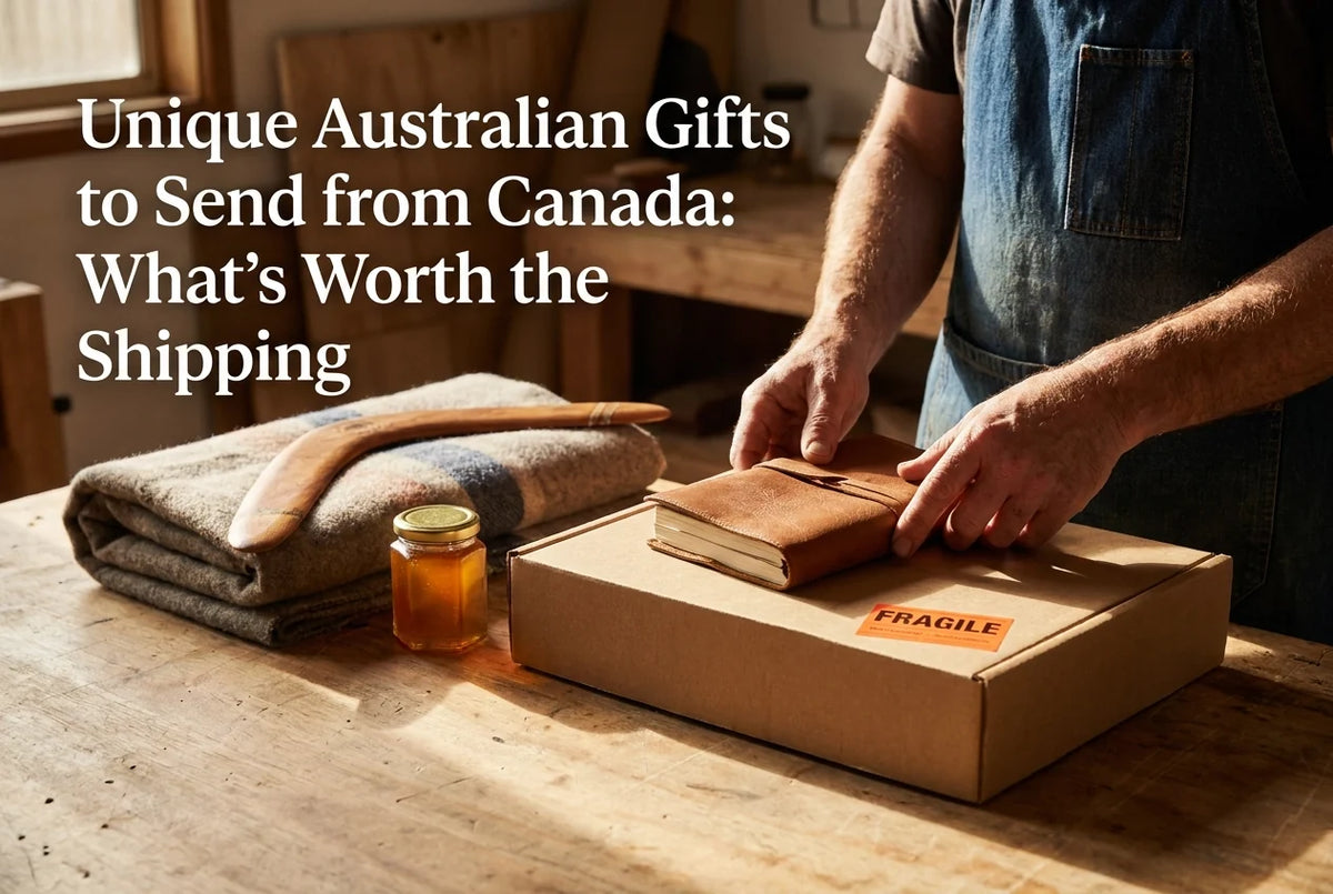 Professional header image for list-based article: Unique Australian Gifts to Send from Canada: What's Worth...