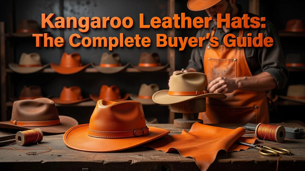 A wide-brim kangaroo leather hat with fine grain texture displayed on a wooden surface in natural outdoor lighting.