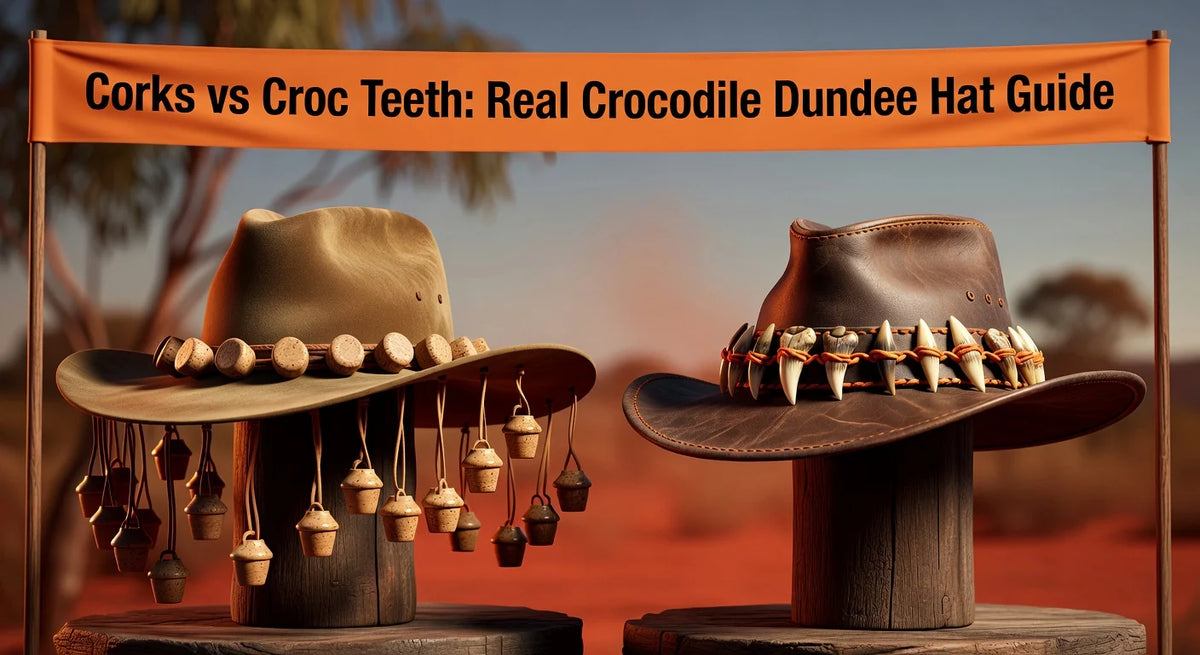 Professional header image for comparison analysis: Corks vs Croc Teeth: Real Crocodile Dundee Hat Guide