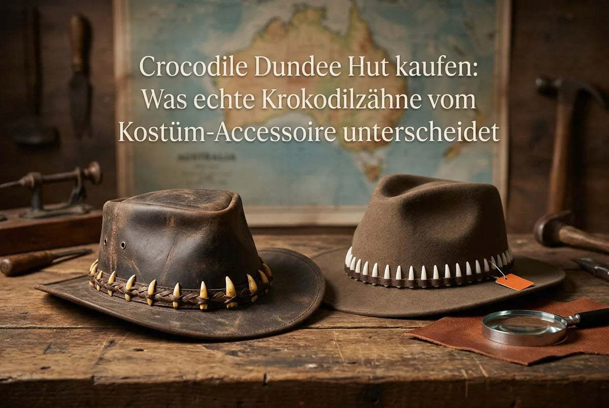Professional header image for comparison analysis: Crocodile Dundee Hut kaufen: Was echte Krokodilzähne vom ...