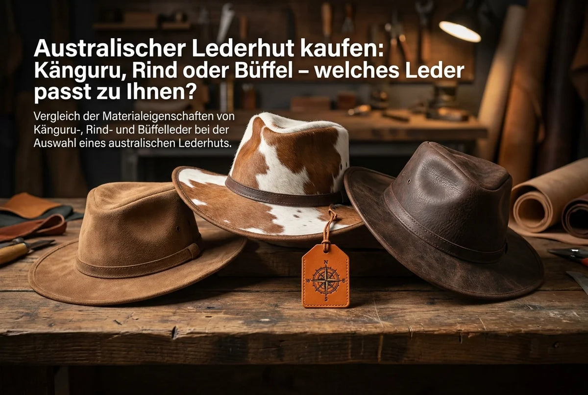 Professional header image for comparison analysis: Australischer Lederhut kaufen: Känguru, Rind oder Büffel ...