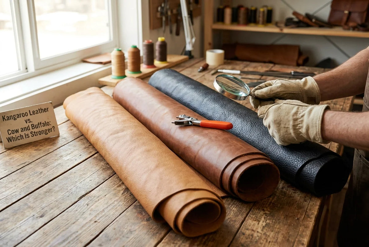 Professional header image for comparison analysis: Kangaroo Leather vs. Cow and Buffalo: Which Is Stronger?