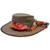 A Brown and multicolored Jacaru 104A Ladies Camper hat with a scarf, made of canvas with a mesh crown, designed for ventilation.